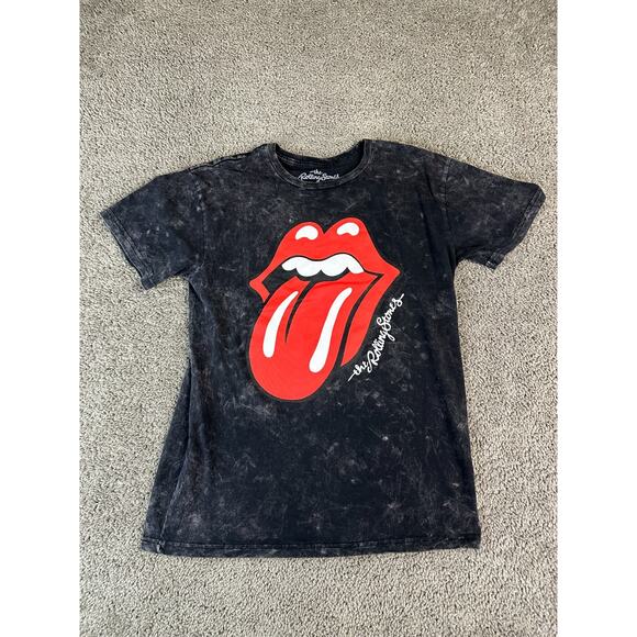 Rolling Stones Shirt Womens Large Black Acid Wash Hot Lips Short Sleeve Rock - Picture 2 of 8